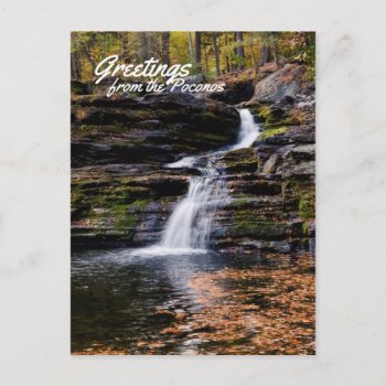 Greetings From The Poconos Autumn Waterfall Scene Postcard by Meg_Stewart at Zazzle