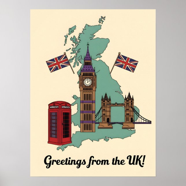 Greetings from the UK British Landmarks Travel Poster (Front)