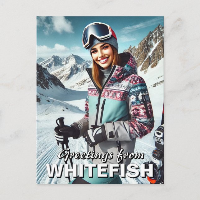 Greetings from Whitefish Montana Skier Travel Postcard (Front)