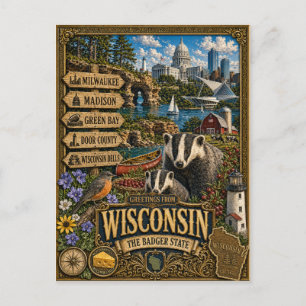 Greetings From Wisconsin Vintage Retro Art Postcard
