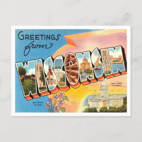 Greetings from Wisconsin Vintage Travel Postcard