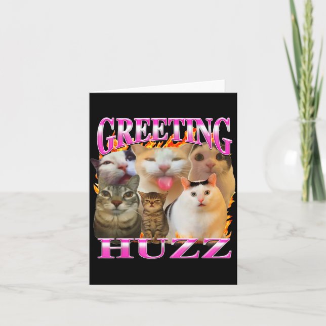 Greetings Huzz Funny Cat Meme Bootleg Graphic Men  Card (Front)