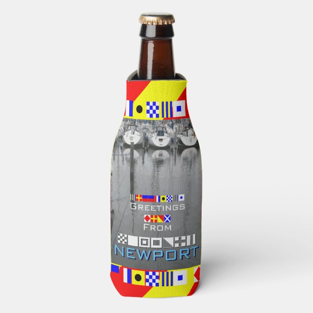 Greetings Newport RI Nautical Flags personalized Bottle Cooler (Bottle Front)