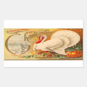 Greetings of Thanksgiving White Turkey Vintage Rectangular Sticker