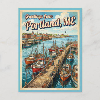 Greetings Portland Maine Vintage Style Postcard