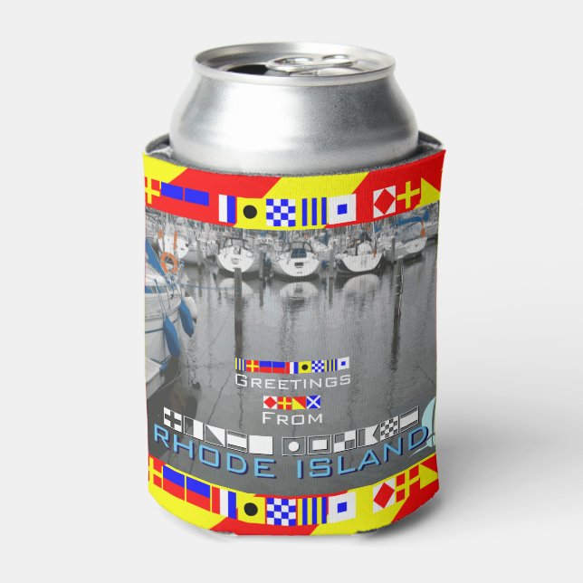 Greetings Rhode Island Nautical Flags personalized Can Cooler (Can Front)