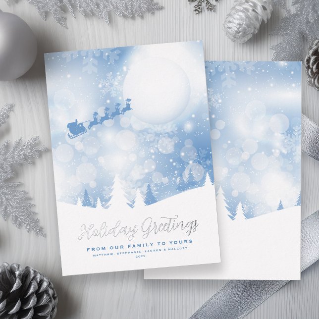 Greetings Santa Script Blue Snow Real Foil Foil Holiday Card (Holiday Greetings Santa Script Blue Snow Real Gold Fold)