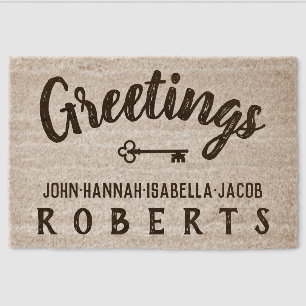 Greetings Script Text Key Personalized Family Name Fiber Doormat