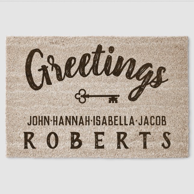 Greetings Script Text Key Personalized Family Name Fiber Doormat (Front)