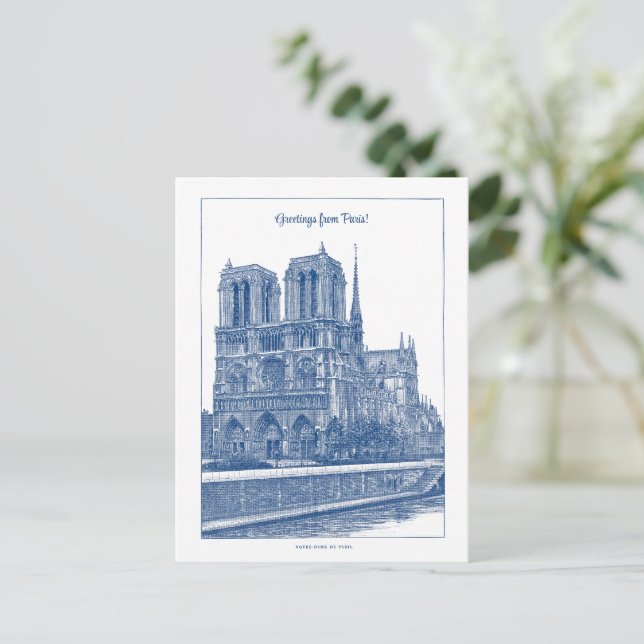 Greetins From Paris Elegant Blue Retro Notre Dame  Postcard (Standing Front)