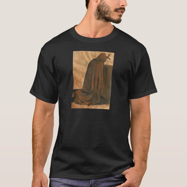 Gregorian Monk In Prayer Wearing Hooded Cassock T-Shirt (Front)
