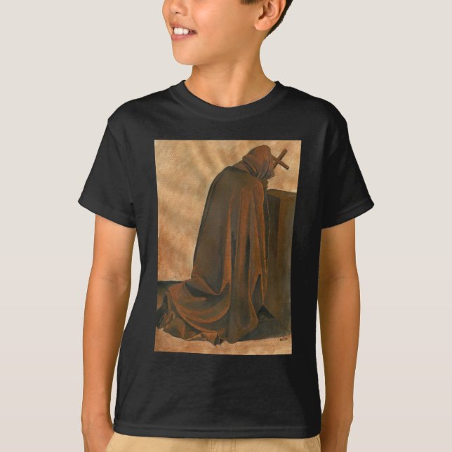 Gregorian Monk In Prayer Wearing Hooded Cassock T-Shirt (Front)
