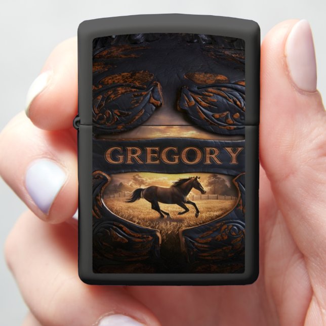 Gregory Horse Sunset Scene Zippo Lighter (In Hand)