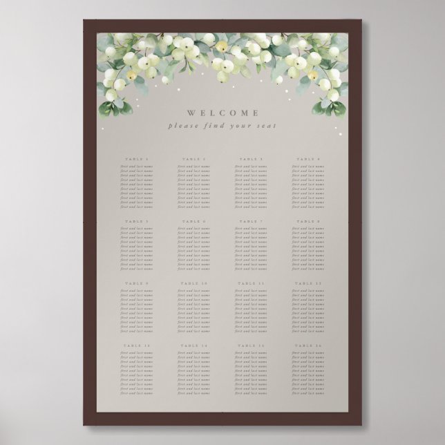Greige 24x36" 16 Tables of 10 Seating Chart Poster (Framed Front)