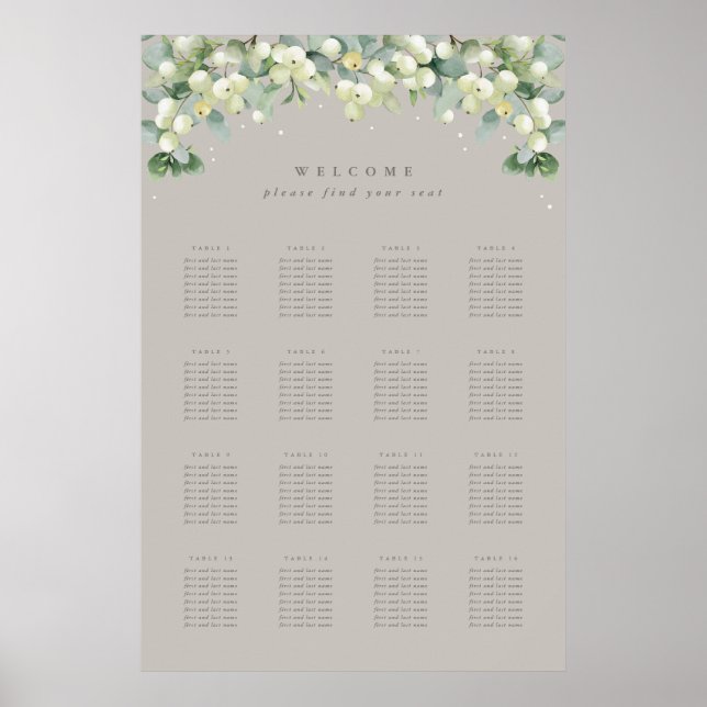 Greige 24x36" 16 Tables of 8 Seating Chart Poster (Front)