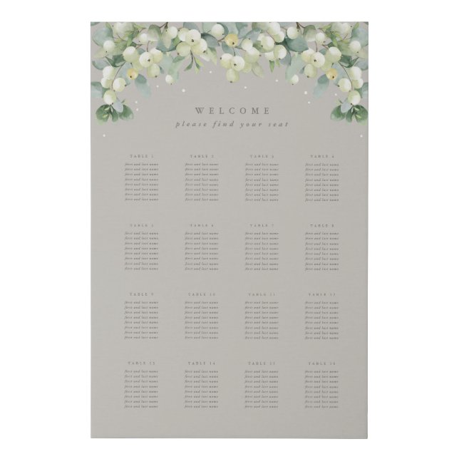 Greige 24x36" 16 Tables of 8 Wedding Seating Chart Faux Canvas Print (Front)