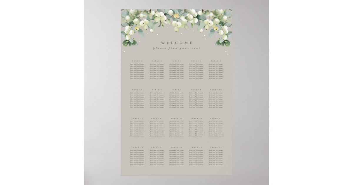 Greige 24x36" 20 Tables of 8 Seating Chart Poster Zazzle