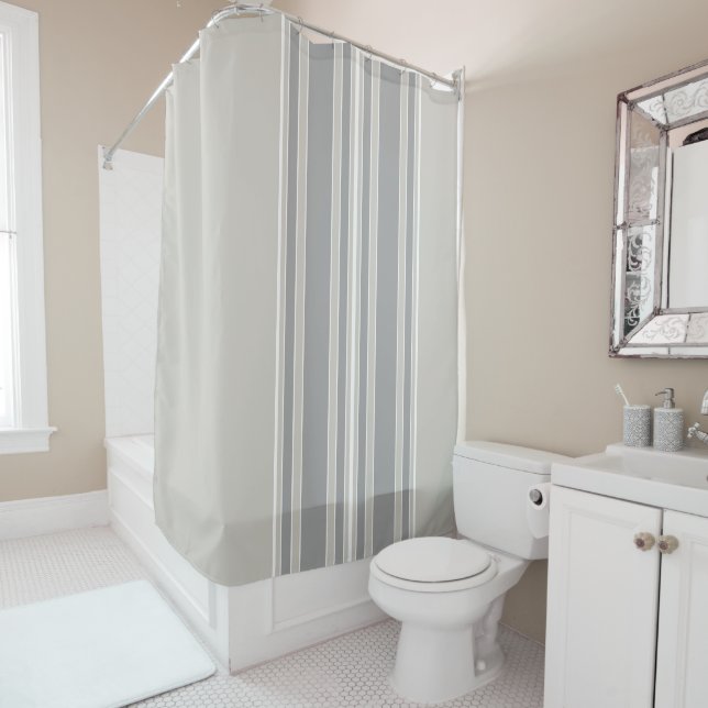 Greige and Gray Stripes Off-Center Modern #D3CFC7 Shower Curtain (In Situ)