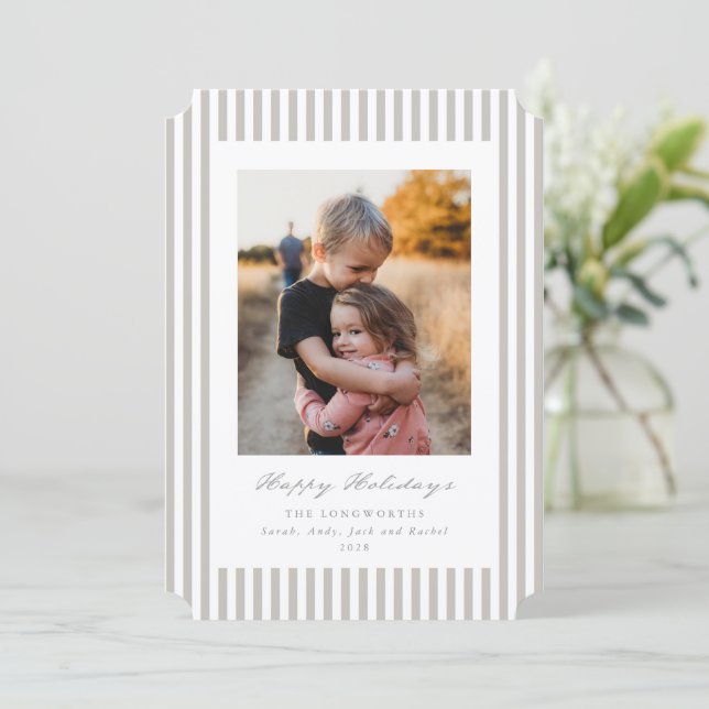 Greige/Beige Stripes Happy Holidays Flat Photo Holiday Card (Standing Front)