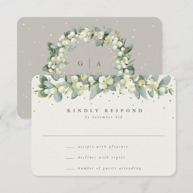 Greige/Cream Snowberry+Eucalyptus Garland Wedding RSVP Card (Front/Back)