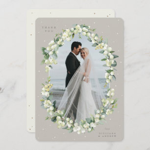 Greige/Cream Snowberry+Eucalyptus Wedding Photo Thank You Card