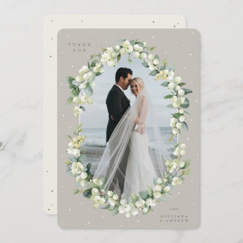 GreigeCream SnowberryEucalyptus Wedding Photo Thank You Card