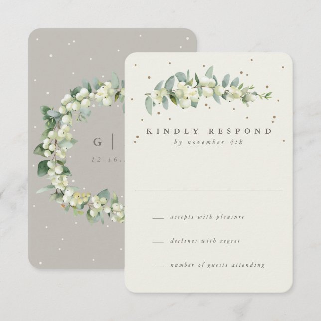 Greige/Cream Snowberry+Eucalyptus Wedding RSVP Card (Front/Back)