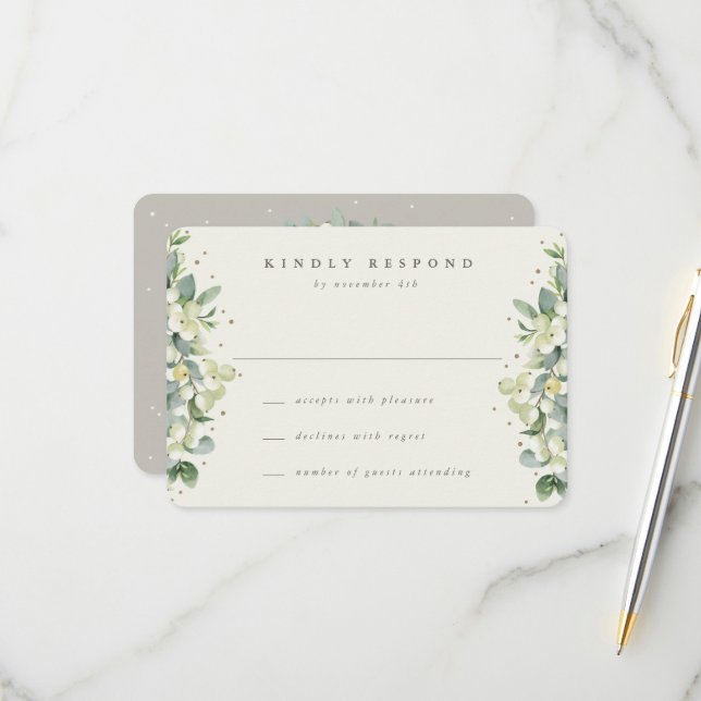 Greige/Cream Snowberry+Eucalyptus Wedding RSVP Card (Front/Back In Situ)