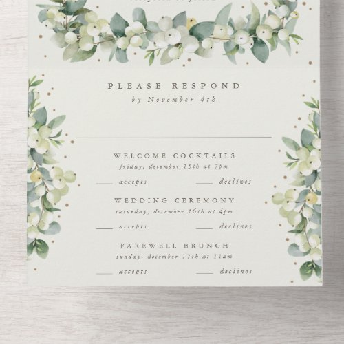 GreigeCream SnowberryEucalyptus Winter Wedding All In One Invitation