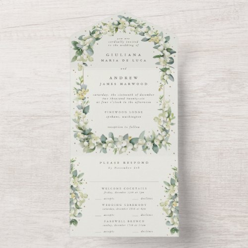 GreigeCream Snowberry  Eucalyptus Winter Wedding All In One Invitation