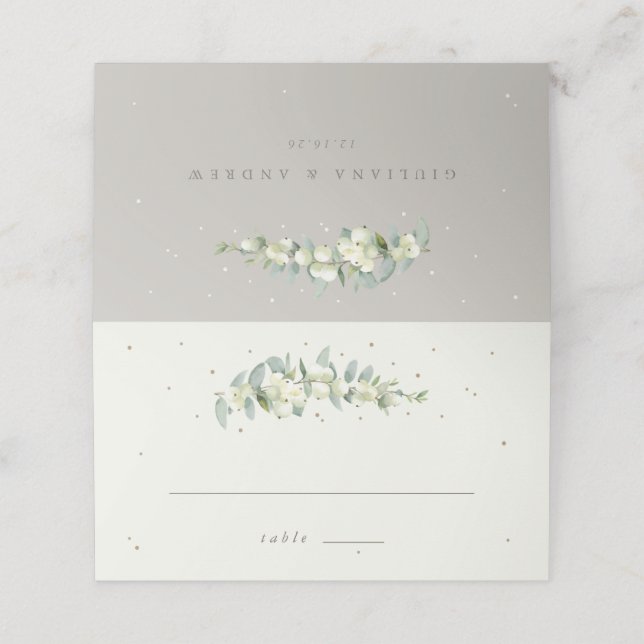 Greige/Cream Snowberry+Eucalyptus Winter Wedding Place Card (Outside Unfolded)
