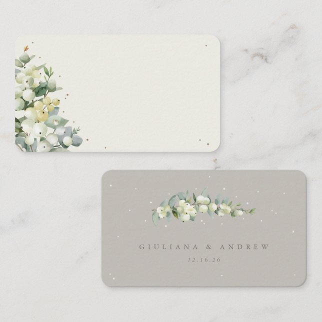 Greige/Cream Snowberry+Eucalyptus Winter Wedding Place Card (Front/Back)