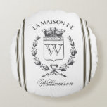 Greige Grain Sack Custom Family Crest Round Pillow<br><div class="desc">This round accent pillow features a personal monogrammed vintage French family crest and greig ticking tape stripes on the sides and a full pattern on the back.</div>