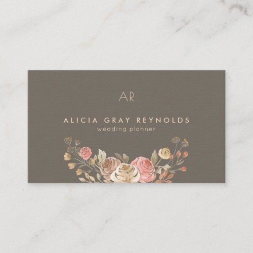 Greige Monogram Rose Gold Floral Wedding Planner Business Card