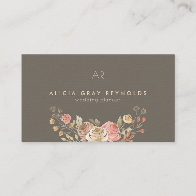 Greige Monogram Rose Gold Floral Wedding Planner Business Card (Front)