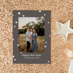 Greige Simple Shiny Stars One Photo Happy New Year Foil Holiday Card
