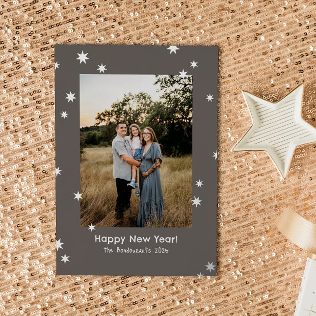 Greige Simple Shiny Stars One Photo Happy New Year Foil Holiday Card (Creator Uploaded)