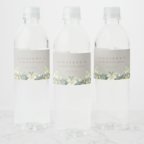 Greige SnowberryEucalyptus BacheloretteShower Water Bottle Label