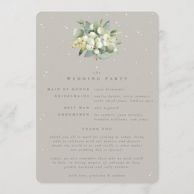 Greige Snowberry+Eucalyptus Bouquet Winter Wedding Program (Back)