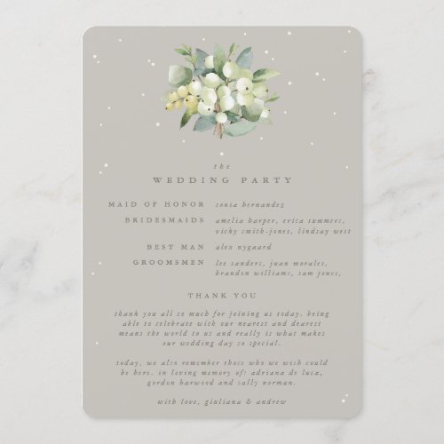 Greige SnowberryEucalyptus Bouquet Winter Wedding Program