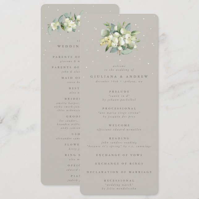 Greige Snowberry+Eucalyptus Bouquet Winter Wedding Program (Front/Back)
