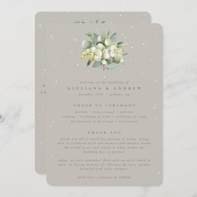 Greige Snowberry+Eucalyptus Bouquet Winter Wedding Program (Front/Back)
