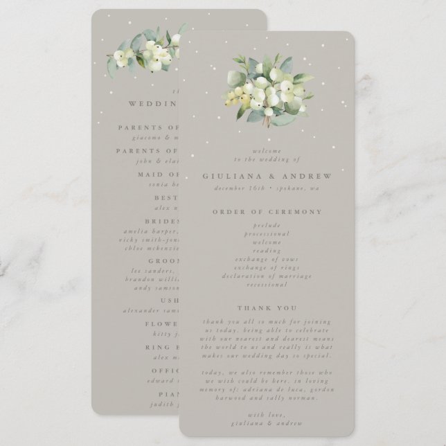 Greige Snowberry+Eucalyptus Bouquet Winter Wedding Program (Front/Back)