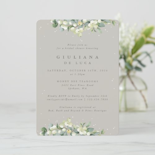 Greige SnowberryEucalyptus Bridal Shower Invitation