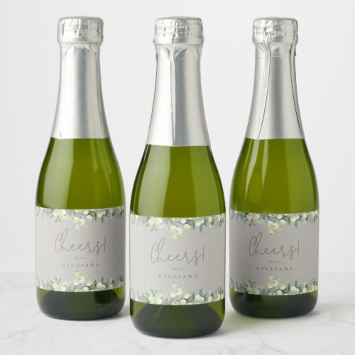 Greige SnowberryEucalyptus Bridal Shower Mini Sparkling Wine Label