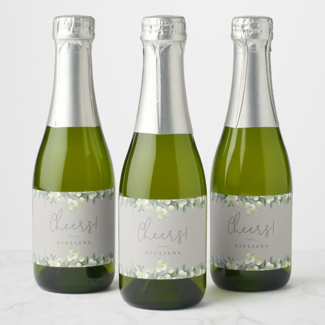 Greige Snowberry+Eucalyptus Bridal Shower Mini Sparkling Wine Label (Bottles)
