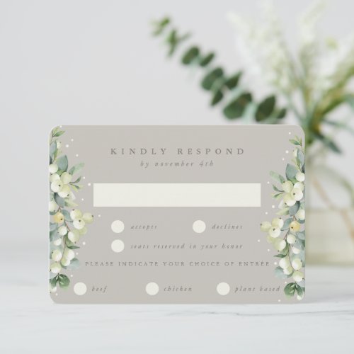 Greige SnowberryEucalyptus Edged Winter Wedding RSVP Card