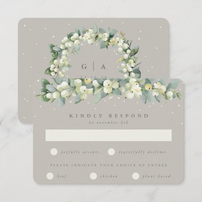 Greige Snowberry+Eucalyptus Garland Winter Wedding RSVP Card (Front/Back)