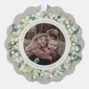 Greige Snowberry+Eucalyptus Holiday Wreath Photo  Ornament Card