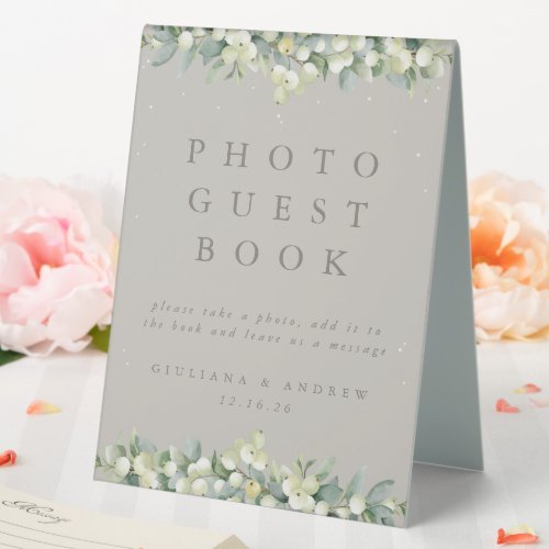 Greige SnowberryEucalyptus Photo Guest Book Table Tent Sign